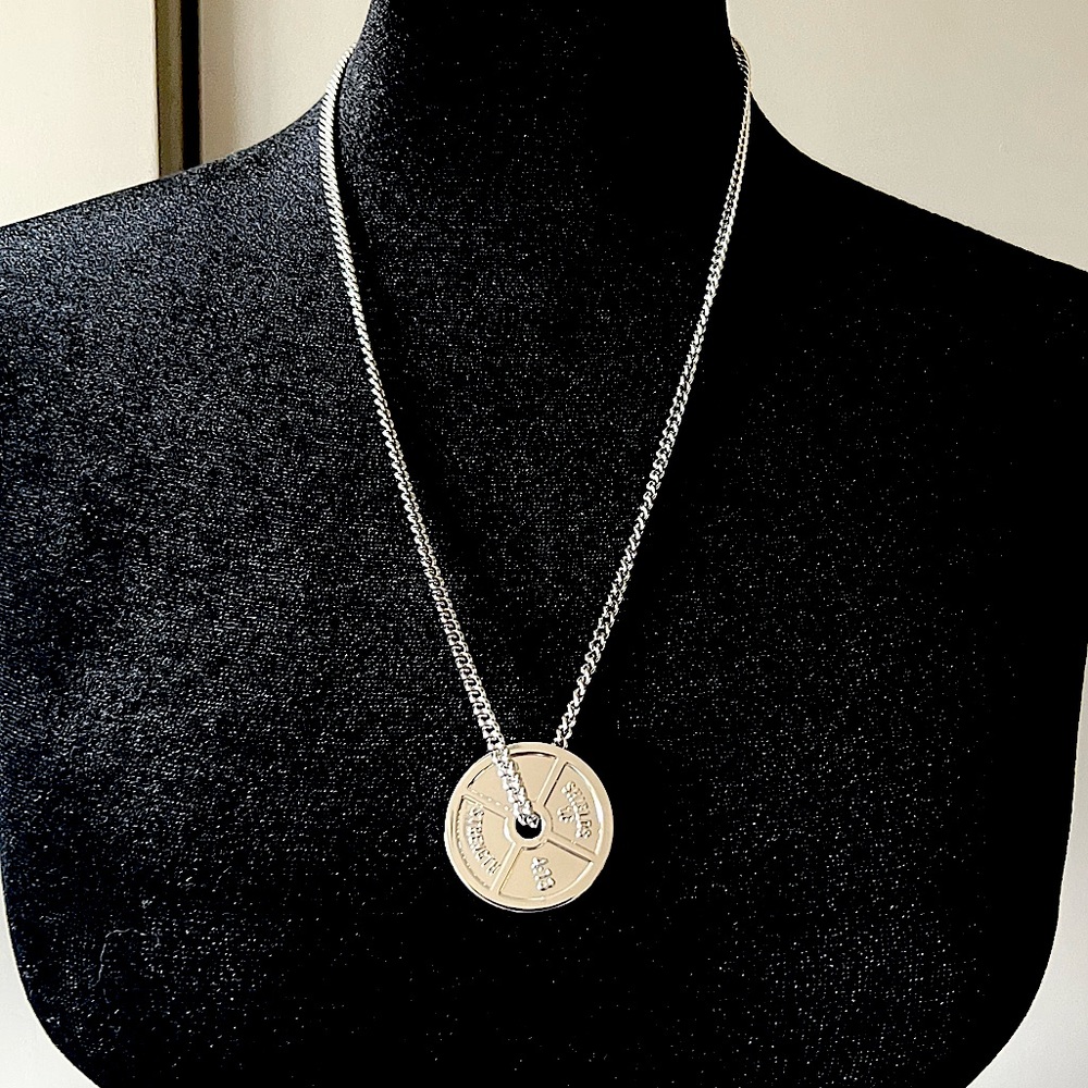 NWOT Sterling silver 24” chain with a double sided weight plate with scriptures.